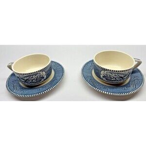Set Of 2 Royal China Currier & Ives Cups & Saucers Stagecoach & Steamboat